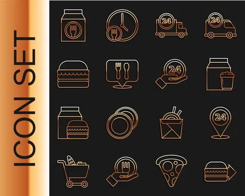 Set line Online ordering burger delivery, Round the clock, and, Fast by car Stock Illustration