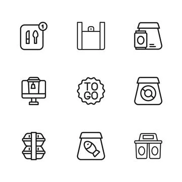 Set line Online ordering fish, food, Coffee cup to go, Food, and icon. Vector Ilustração Stock