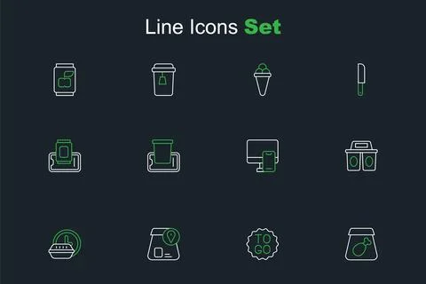 Set line Online ordering meal, Coffee cup to go, food, Round the clock deli.. Ilustración de archivo