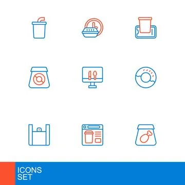 Set line Online ordering meal, food, Donut, Food mobile and Round the clock.. Ilustración de archivo