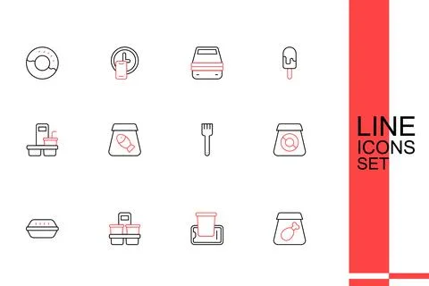 Set line Online ordering meal, Food on mobile, Coffee cup to go, Lunch box,.. Ilustración de archivo