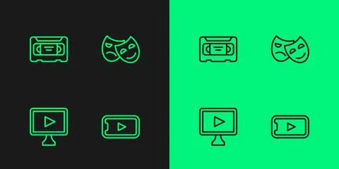 Set line Online play video, VHS cassette tape and Comedy and tragedy masks icon Stock Illustration