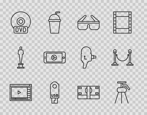 Set line Online play video, Tripod, 3D cinema glasses, USB flash drive, CD or Stock Illustration