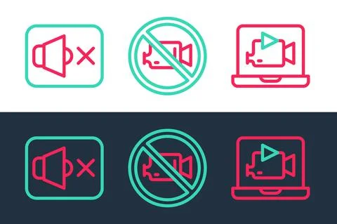 Set line Online play video, Speaker mute and Prohibition no recording icon Stock Illustration