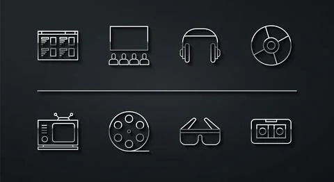 Set line Online play video, Retro tv, CD or DVD disk, 3D cinema glasses, Fi.. Stock Illustration