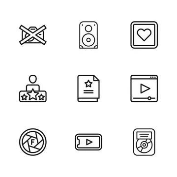 Set line Online play video, CD disk award frame, Scenario, Like heart, Proh.. Stock Illustration