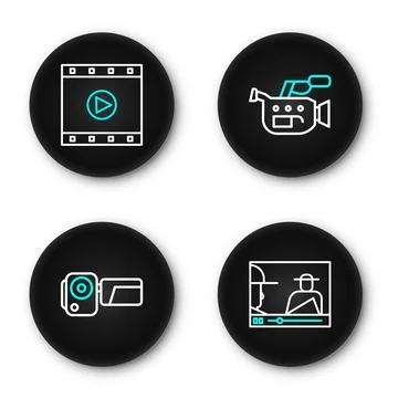 Set line Online play video, Cinema camera,  and Play Video icon. Vector Stock Illustration