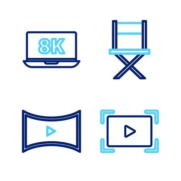 Set line Online play video, Director movie chair and Laptop with 8k icon. V.. Stock Illustration