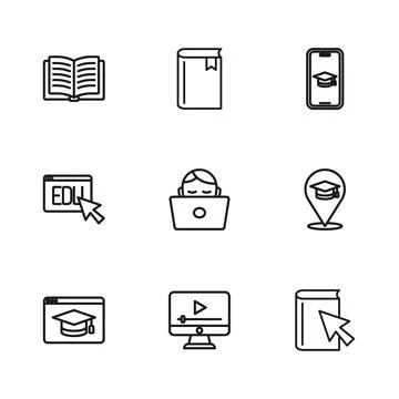 Set line Online play video, education, book, Student working laptop, Gradua.. Stock Illustration