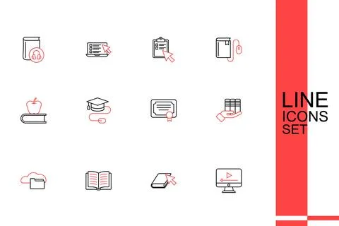 Set line Online play video, book, Open, Cloud or online library, Book donat.. Stock Illustration