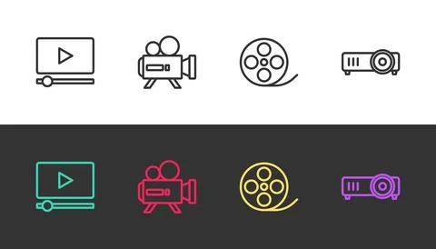 Set line Online play video, Retro cinema camera, Film reel and Movie, film,.. Stock Illustration