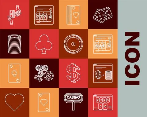 Set line Online poker table game, casino chips exchange on stacks of dollars Illustrazione stock