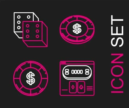 Set line Online poker table game, Casino chip with dollar symbol, and Game dice Illustrazione stock