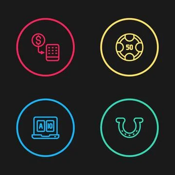 Set line Online poker table game, Horseshoe, Casino chips and exchange icon イラスト素材