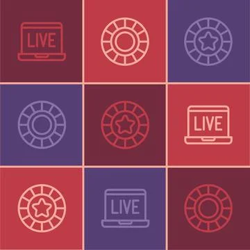 Set line Online poker table game, Casino chips and icon. Vector Illustrazione stock