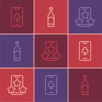 Set line Online poker table game, sports betting and Bottle of wine icon. V.. Stock Illustration