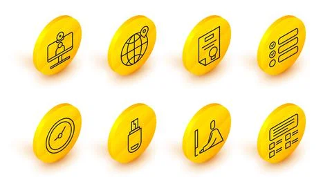 Set line Online quiz, test, survey, Student working at laptop, USB flash drive Stock Illustration