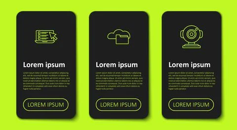 Set line Online quiz, test, survey, Cloud or online library and Web camera Illustrazione stock