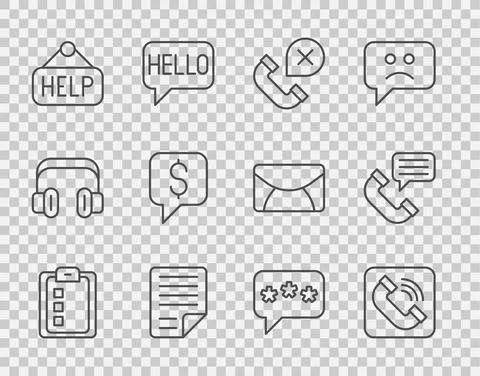 Set line Online quiz, test, survey, Telephone handset, Declined or missed call Stock Illustration