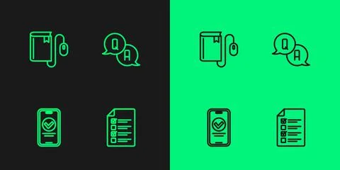 Set line Online quiz, test, survey, Electronic book with mouse and Question a Stock Illustration