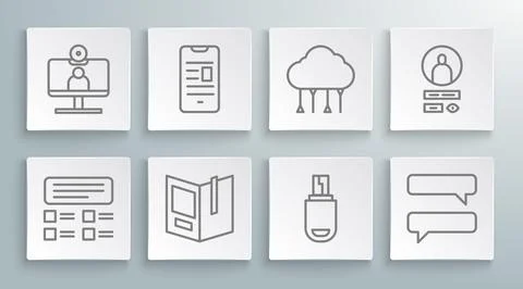 Set line Online quiz, test, survey, book on mobile, Open, USB flash drive Stock-Illustration