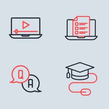 Set line Online quiz, test, survey, Question and Answer, Graduation cap wit.. Stock Illustration