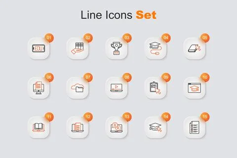 Set line Online quiz, test, survey, Graduation cap with cursor, Question an.. Stock Illustration
