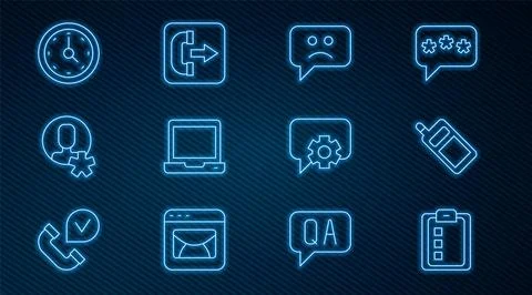 Set line Online quiz, test, survey, Mobile phone, Sad smile, Laptop, Electe.. Stock Illustration
