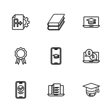 Set line Online quiz, test, survey, Question and Answer, Graduation cap glo.. Illustrazione stock