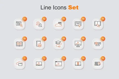 Set line Online quiz, test, survey, education with diploma, play video, Clo.. Stock Illustration