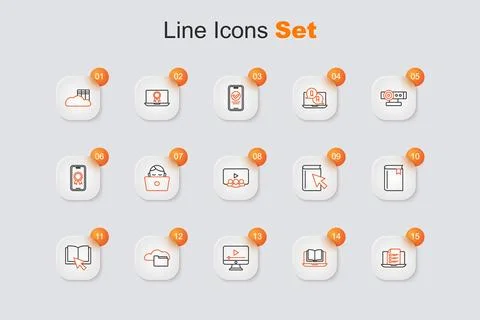 Set line Online quiz, test, survey, class, play video, Cloud or online libr.. Stock Illustration