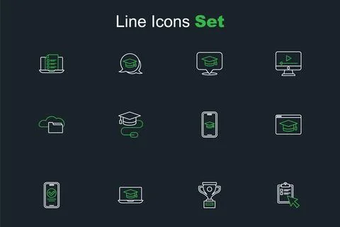Set line Online quiz, test, survey, Award cup, Graduation cap on laptop, ed.. イラスト素材