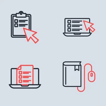 Set line Online quiz, test, survey, Electronic book with mouse and  icon. V.. Stock Illustration