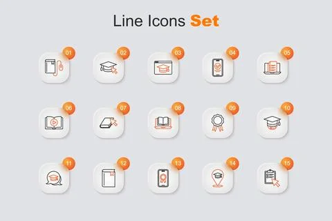 Set line Online quiz, test, survey, education, with diploma, Book, Graduati.. Stock Illustration