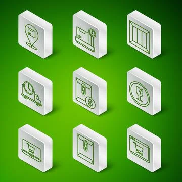 Set line Online shopping on screen, Envelope, Location with cardboard box Illustrazione stock
