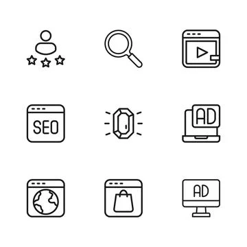 Set line Online shopping on screen, Advertising, Diamond, Video advertising.. Stock Illustration