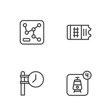 Set line Online ticket booking, Train station clock, Railway map and icon Stock Illustration