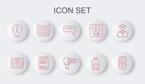 Set line Online translator, Certificate template, Speech bubbles with Quest.. Stock Illustration