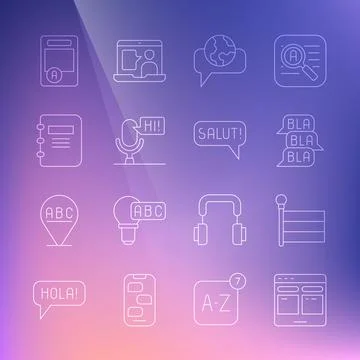 Set line Online translator, Flag, Speech bubble chat, Learning foreign languages Illustrazione stock