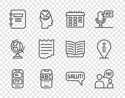Set line Online translator, Two sitting men talking, School timetable, Foreign Stock Illustration