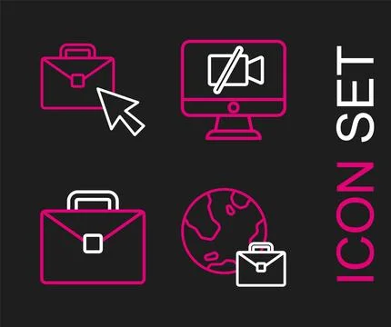 Set line Online working, Briefcase, Video camera Off on computer and icon Stock-Illustration