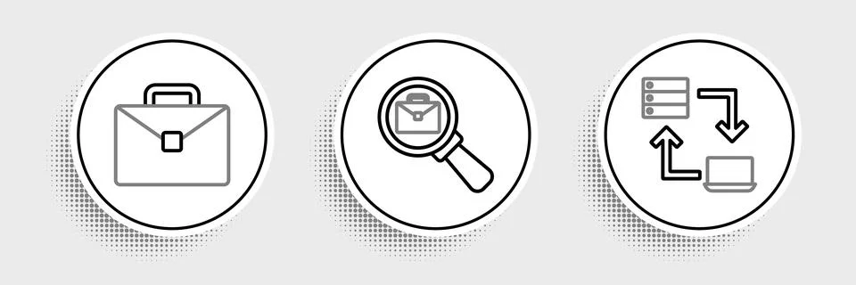 Set line Online working, Briefcase and Magnifying glass with briefcase icon.. Stock-Illustration