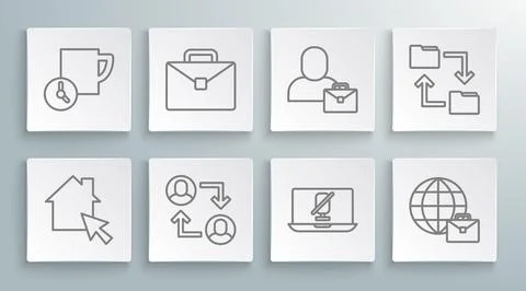 Set line Online working, Briefcase, Project team base, Mute microphone on l.. Stock Illustration