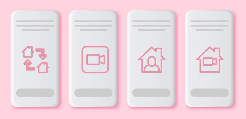 Set line Online working, Camera, and Video camera Off home. White rectangle Stock Illustration