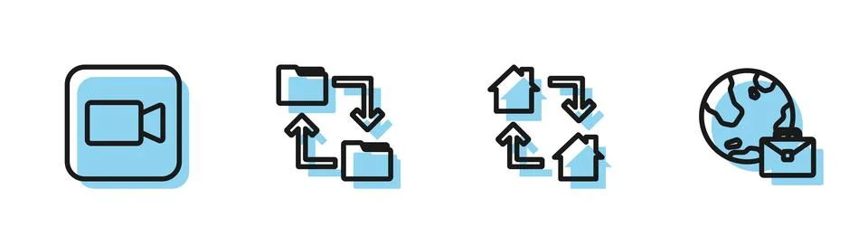 Set line Online working, Camera, Cloud storage document folder and icon. Vector Stock Illustration