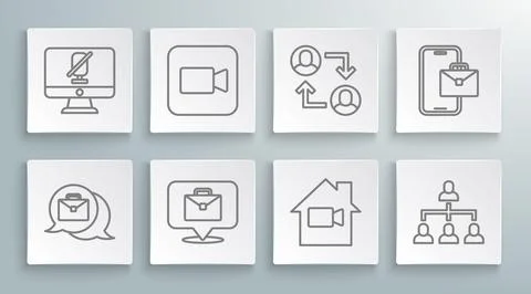 Set line Online working, Camera, Video camera Off home, Hierarchy organogram  Stock Illustration