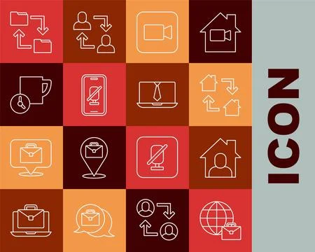 Set line Online working, Camera, Mute microphone on mobile, Time management.. Stock Illustration