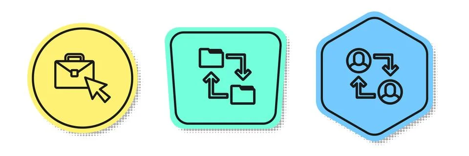 Set line Online working, Cloud storage document folder and Project team base Illustrazione stock