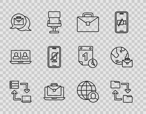 Set line Online working, Cloud storage document folder, Briefcase, Mute Stock Illustration