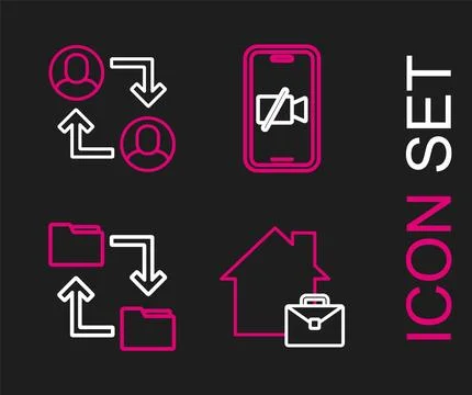 Set line Online working, Cloud storage document folder, Video camera Off on.. Stock Illustration